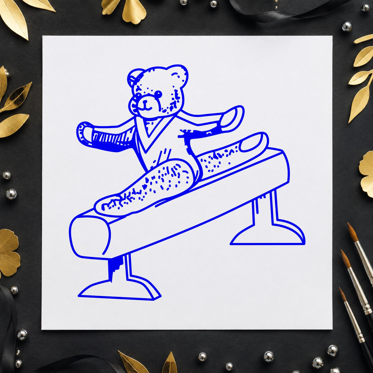 Bear on Exercise Equipment Art Rubber Stamp in use 3