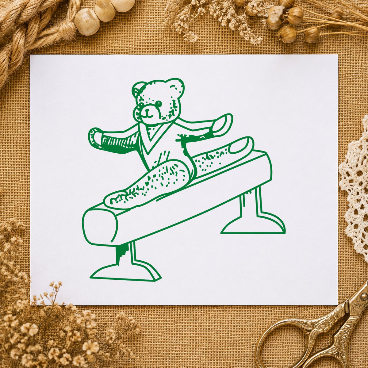 Bear on Exercise Equipment Art Rubber Stamp in use 5