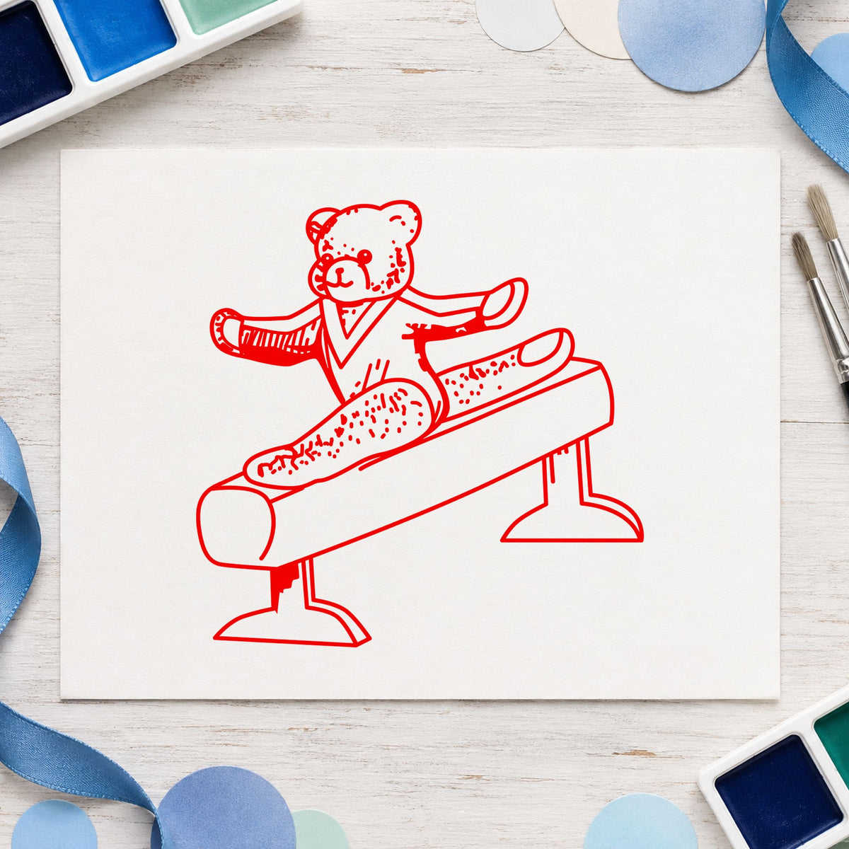 Bear on Exercise Equipment Art Rubber Stamp in use 8