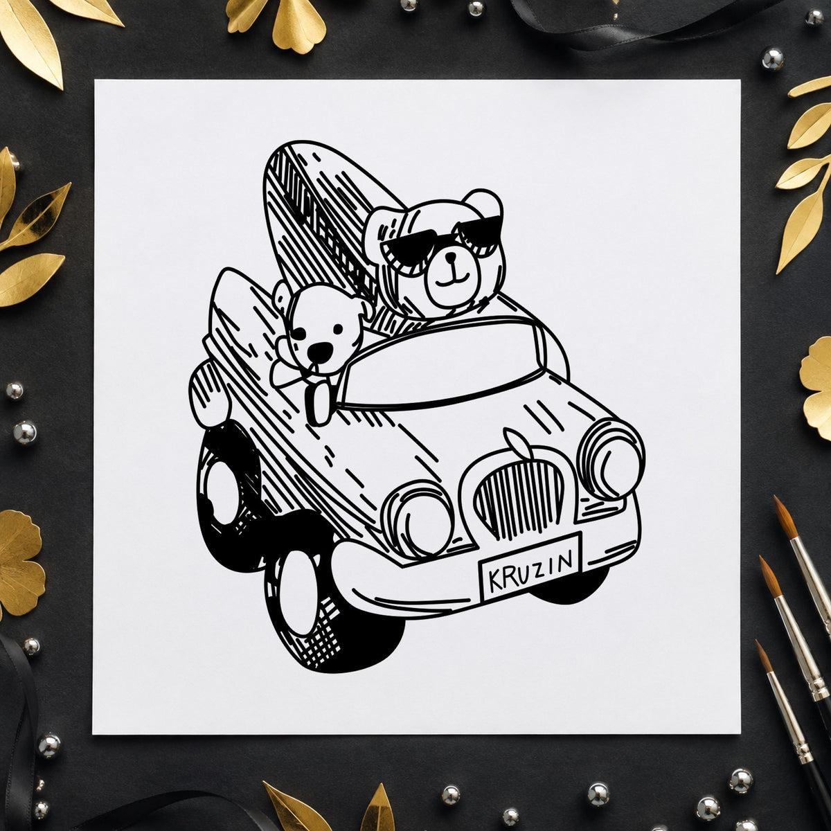Black impression from a surfing rubber stamp, featuring the surfboard bear in convertible design on white paper.