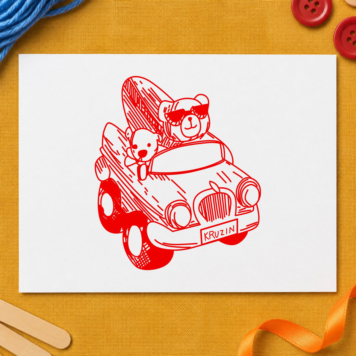 Surfboard Bear in Convertible Rubber Stamp impression in red ink on white paper in a styled craft setting.