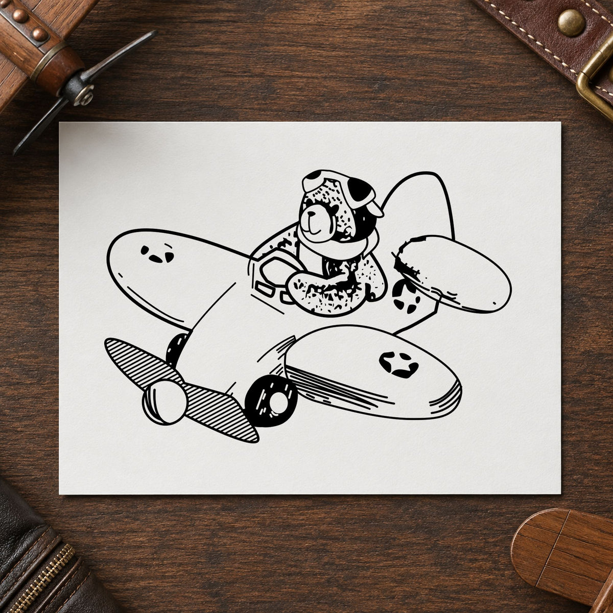 Bear Airplane Pilot Art Rubber Stamp in use 1