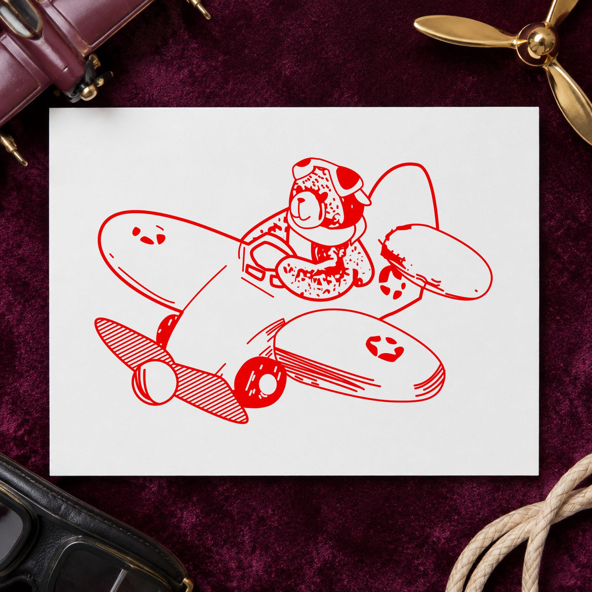 Bear Airplane Pilot Art Rubber Stamp in use 8