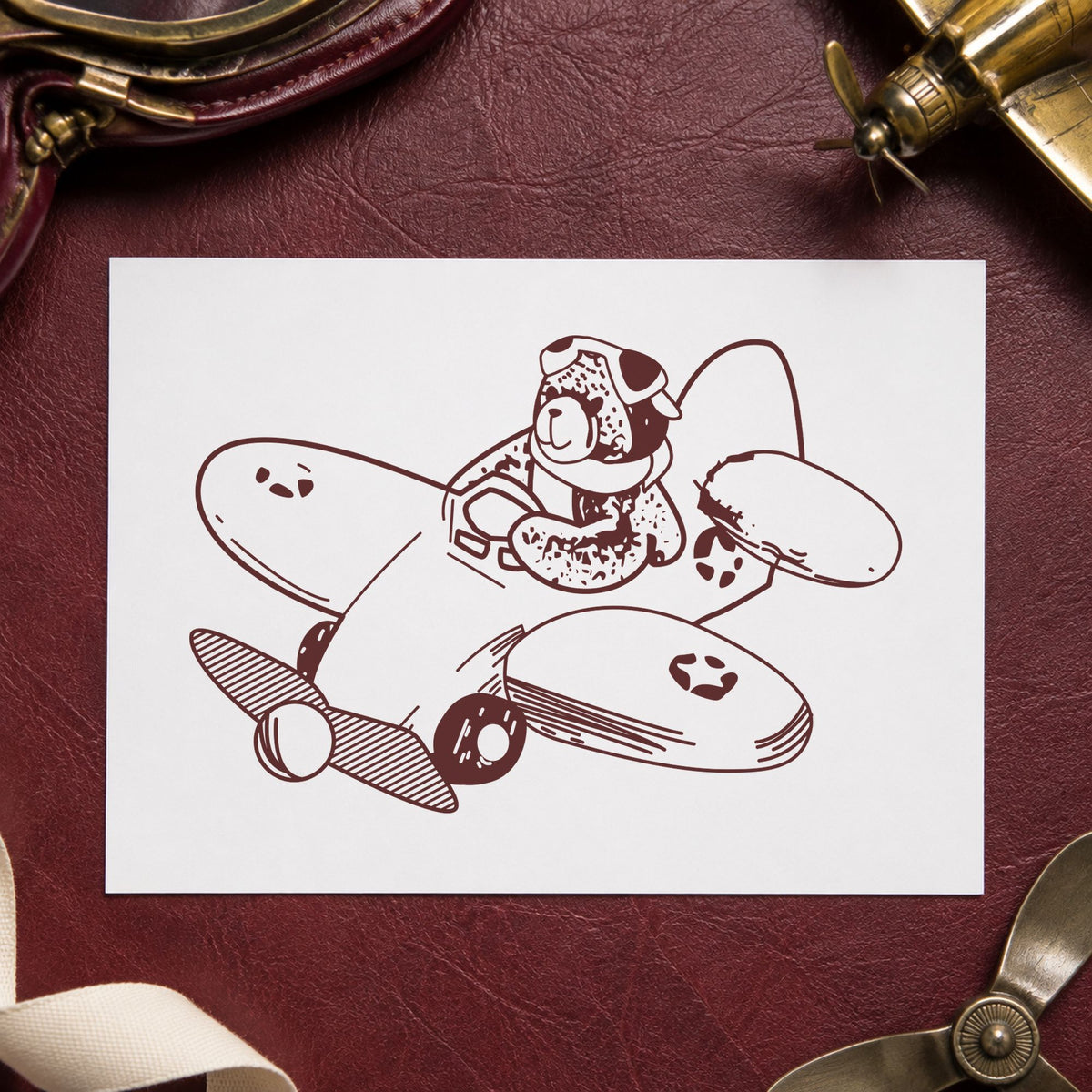 Bear Airplane Pilot Art Rubber Stamp in use 9