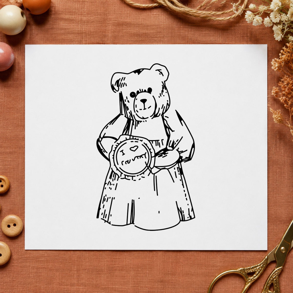 I Love Country Bear with Pie Rubber Stamp impression in black ink on white paper in a styled craft setting.