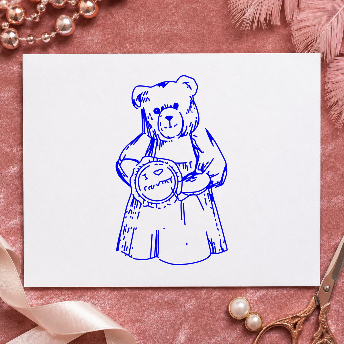 I Love Country Bear with Pie Rubber Stamp impression in blue ink on white paper in a styled craft setting.