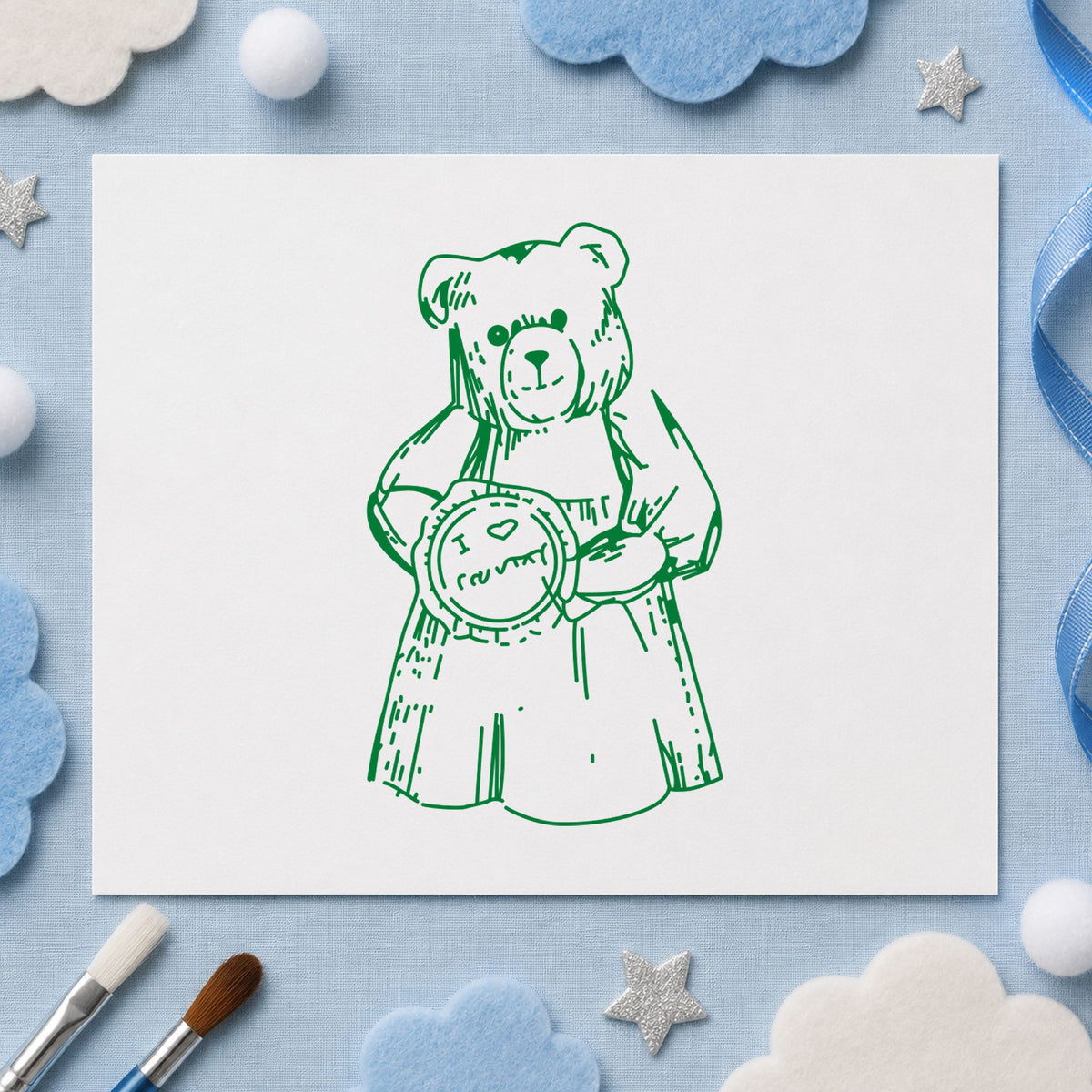 I Love Country Bear with Pie Rubber Stamp impression in green ink on white paper in a styled craft setting.