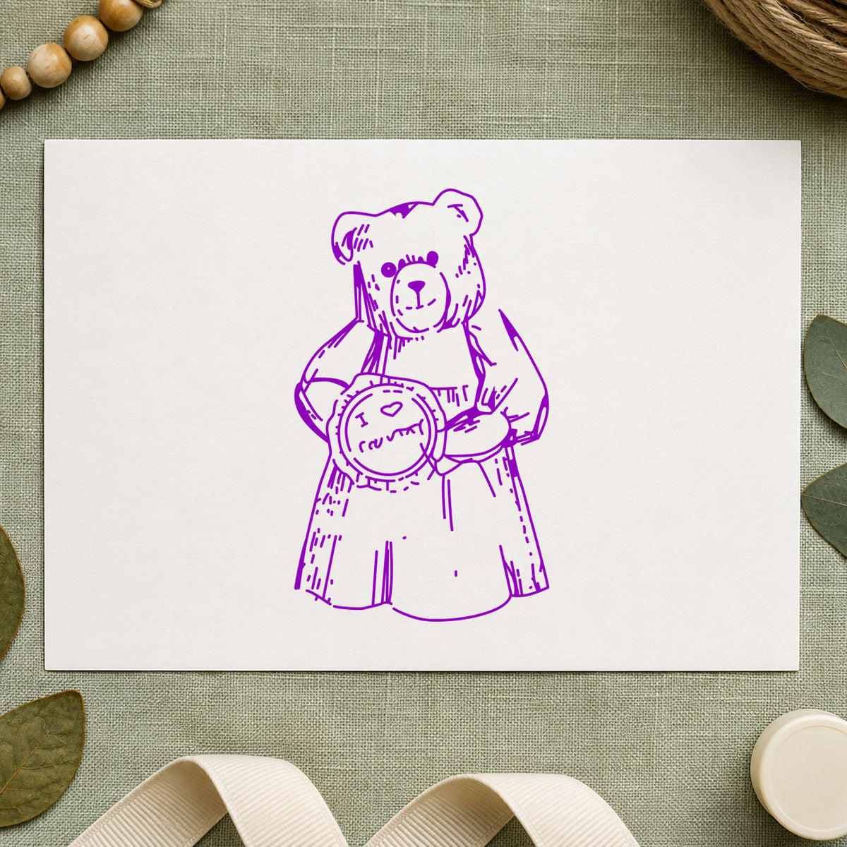 I Love Country Bear with Pie Rubber Stamp impression in purple ink on white paper in a styled craft setting.