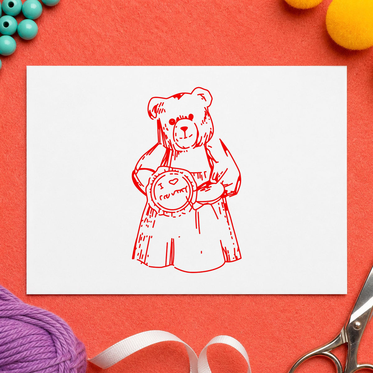 I Love Country Bear with Pie Rubber Stamp impression in red ink on white paper in a styled craft setting.