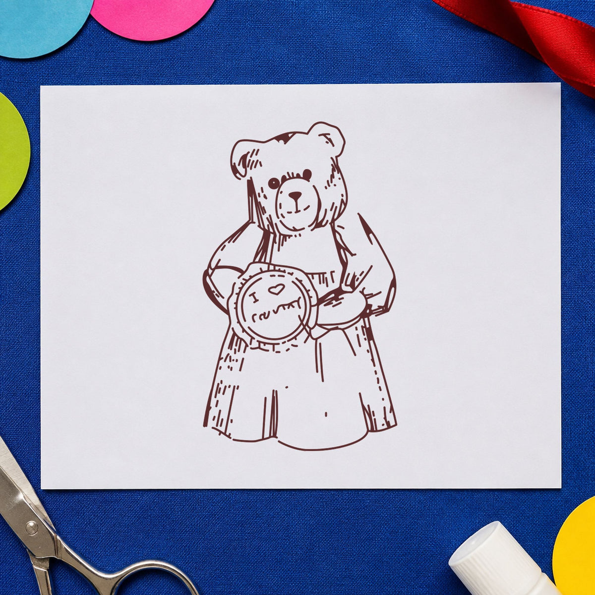 I Love Country Bear with Pie Rubber Stamp impression in brown ink on white paper in a styled craft setting.