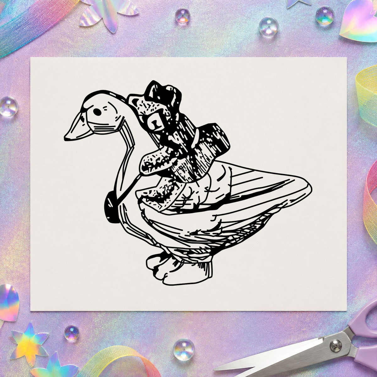 Bear Riding Duck Art Rubber Stamp in use 1