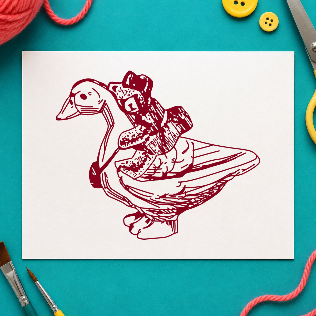 Bear Riding Duck Art Rubber Stamp in use 10