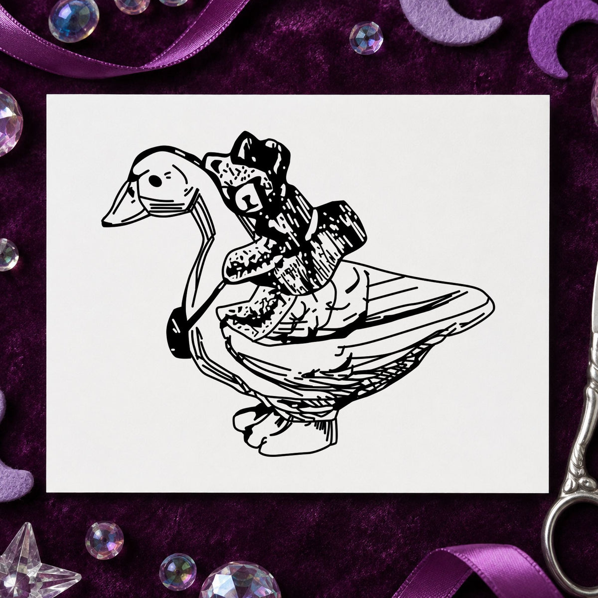 Bear Riding Duck Art Rubber Stamp in use 2
