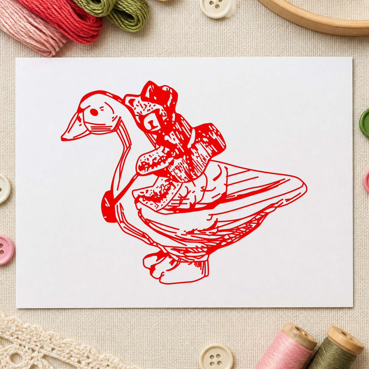 Bear Riding Duck Art Rubber Stamp in use 8