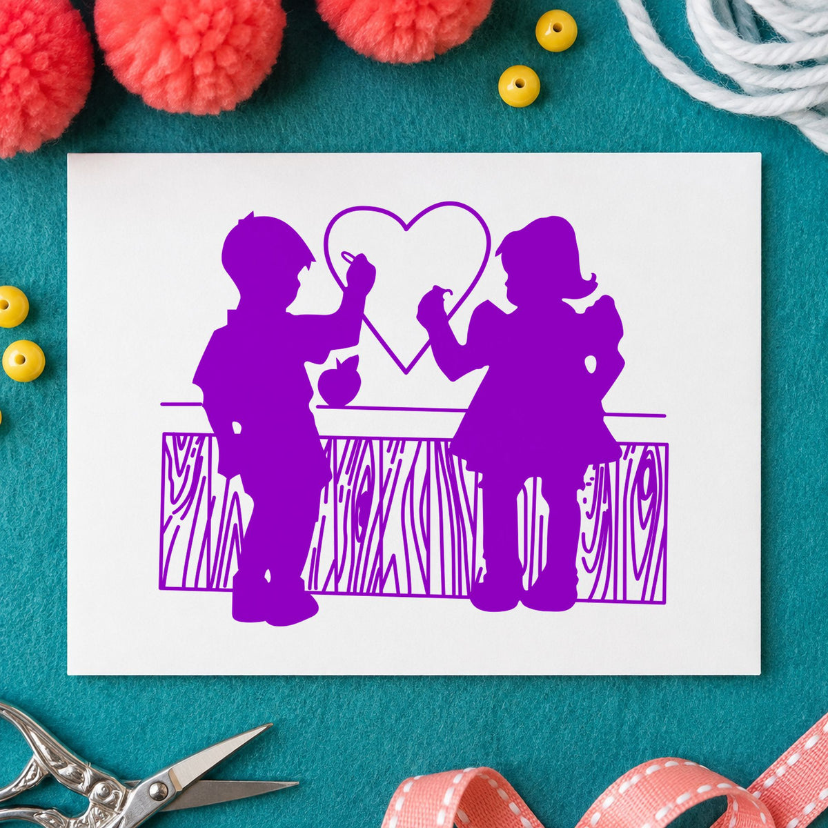Boy and Girl Drawing a Heart Rubber Stamp impression in purple ink on white paper in a styled craft setting.