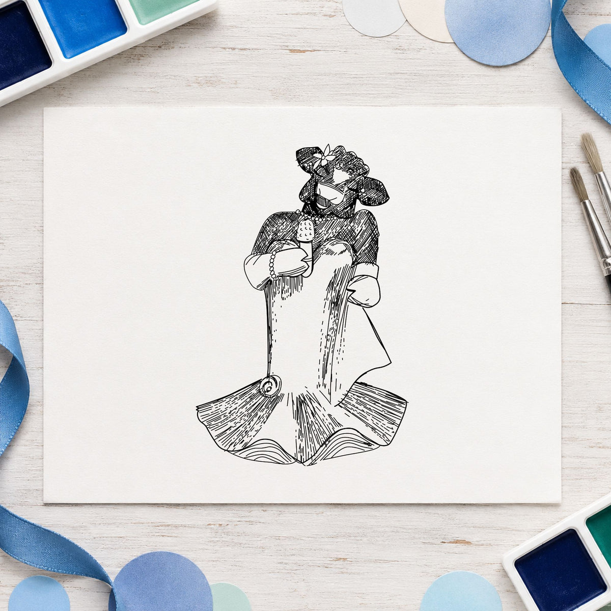 Singing Cow with Microphone Rubber Stamp impression in black ink on white paper in a styled craft setting.