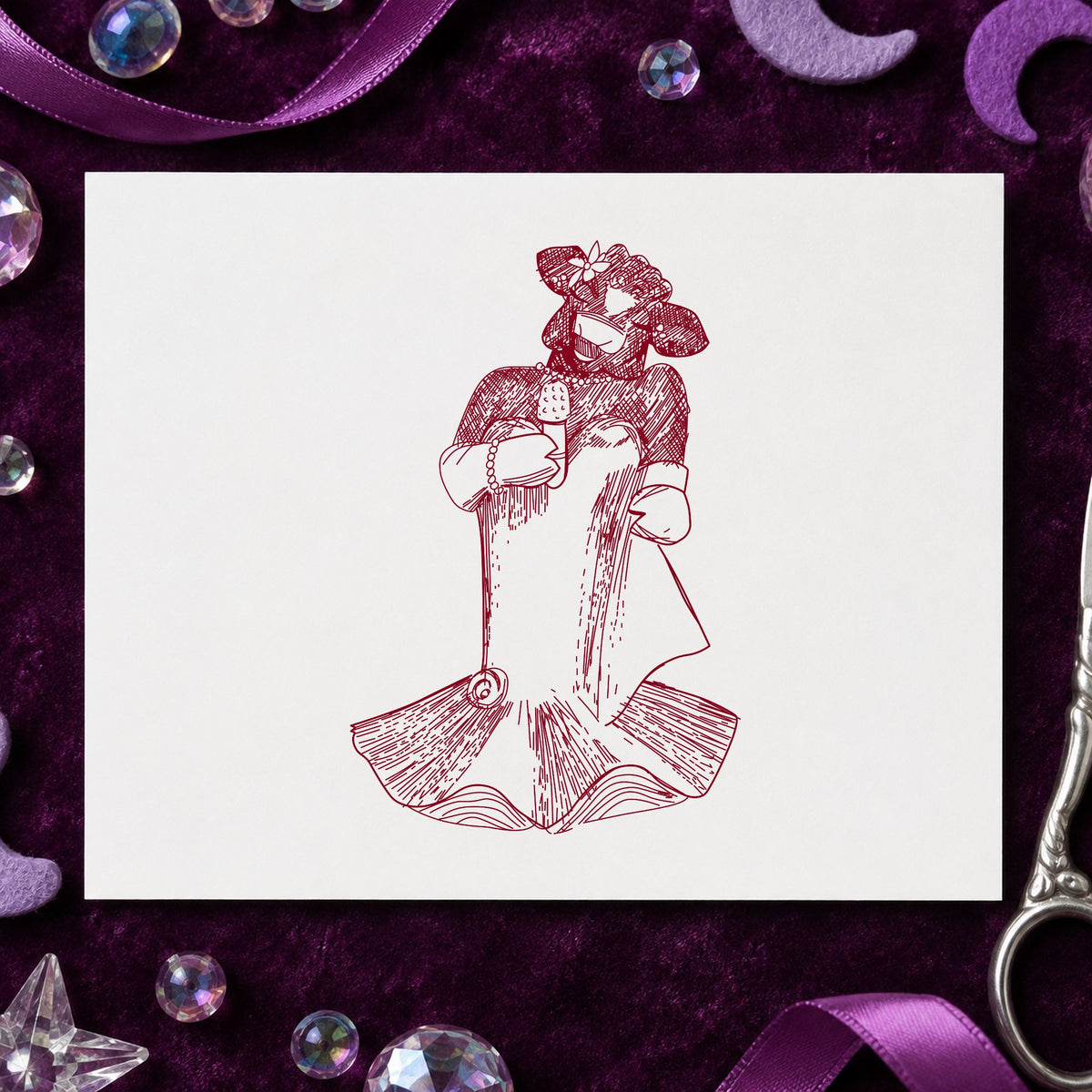 Singing Cow with Microphone Rubber Stamp impression in burgundy ink on white paper in a styled craft setting.