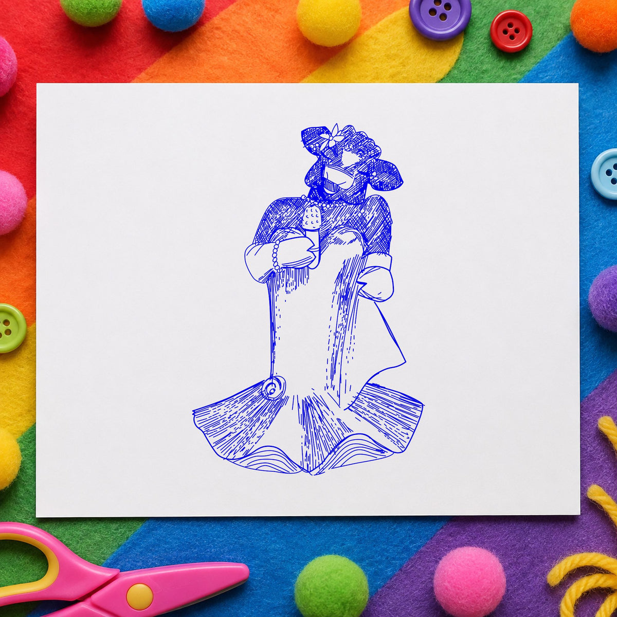 Singing Cow with Microphone Rubber Stamp impression in blue ink on white paper in a styled craft setting.
