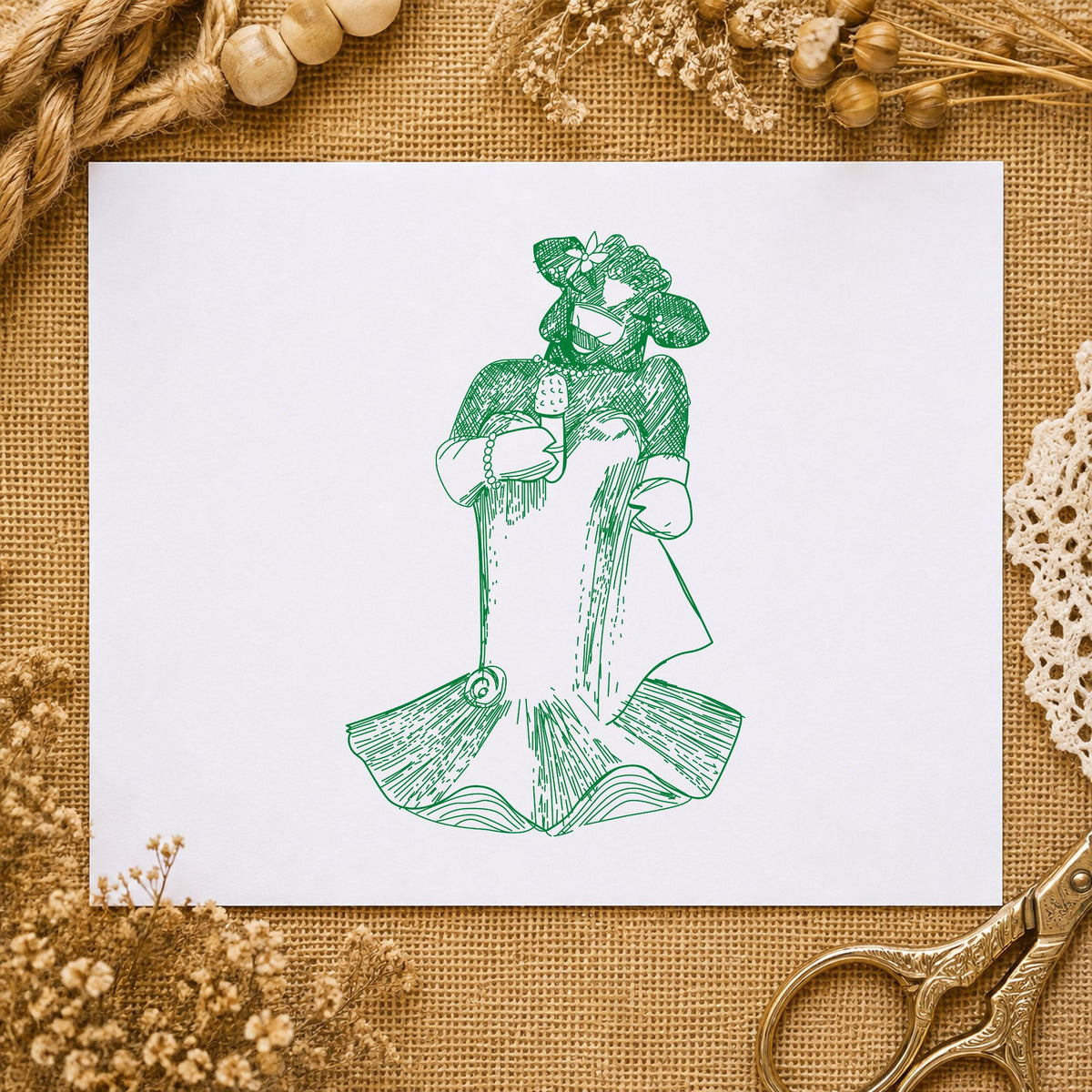 Singing Cow with Microphone Rubber Stamp impression in green ink on white paper in a styled craft setting.