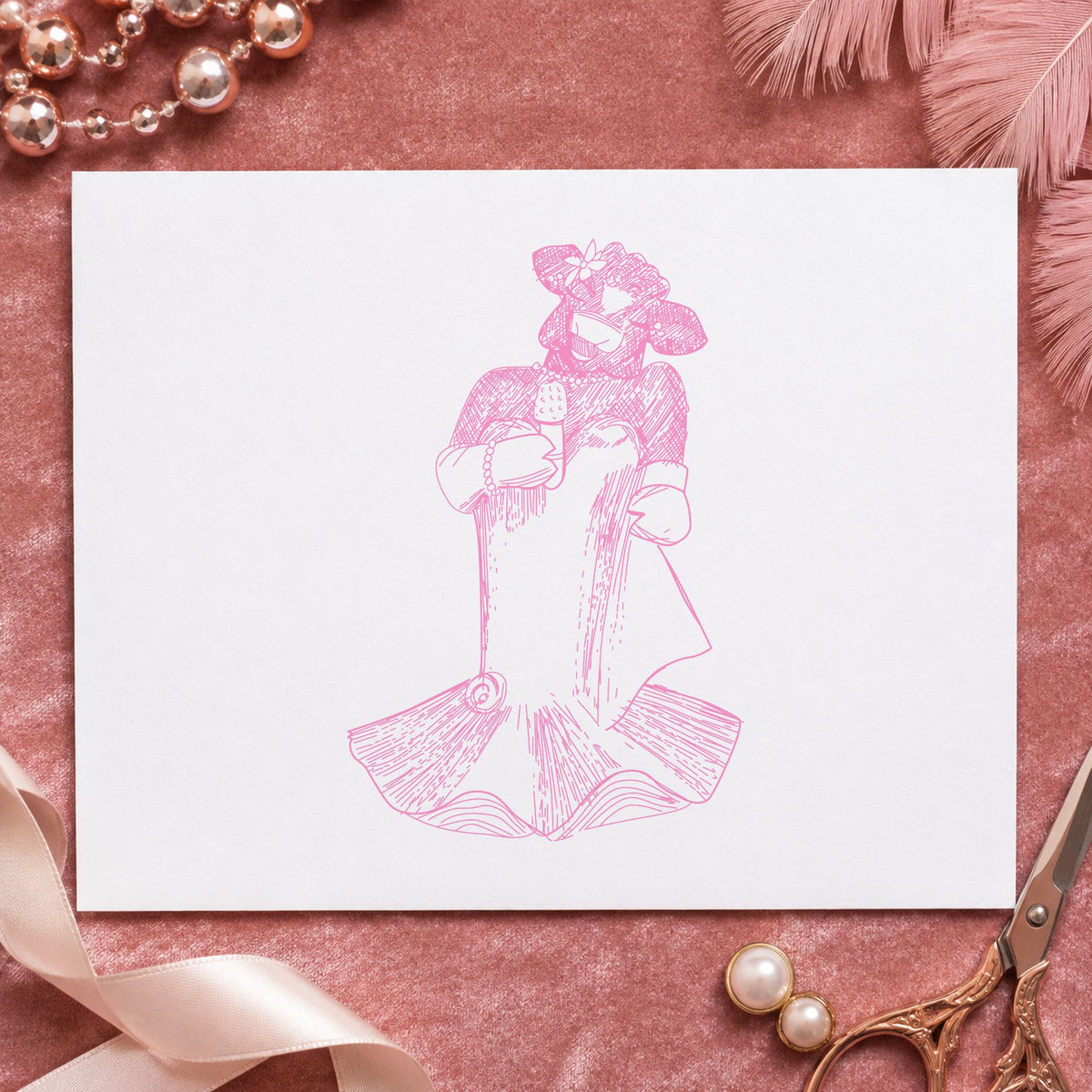 Singing Cow with Microphone Rubber Stamp impression in pink ink on white paper in a styled craft setting.