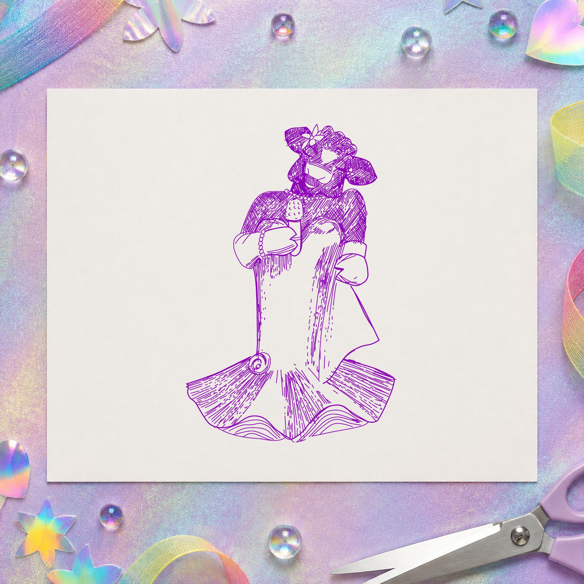 Singing Cow with Microphone Rubber Stamp impression in purple ink on white paper in a styled craft setting.