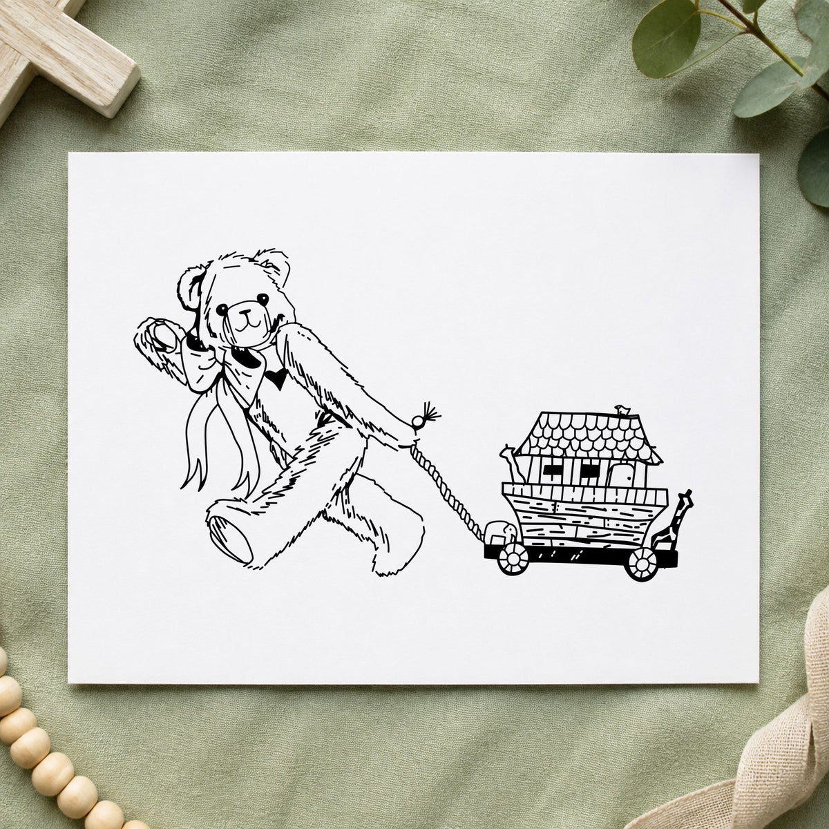 Bear Pulling Ark Art Rubber Stamp in use 1