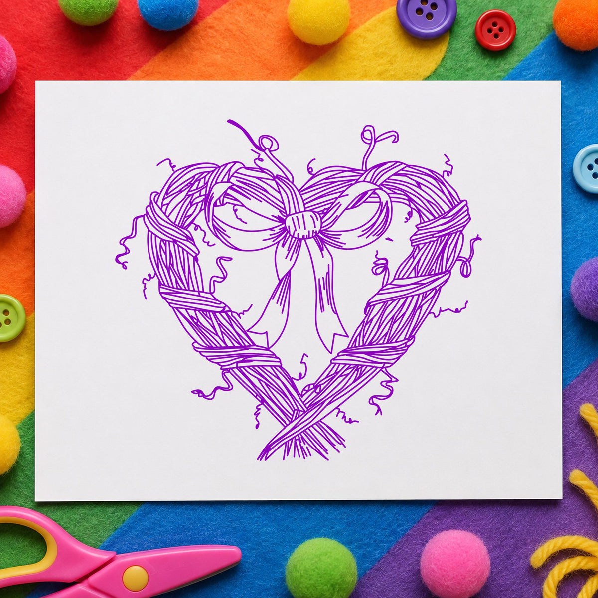 Heart Wreath with Bow Rubber Stamp impression in purple ink on white paper in a styled craft setting.