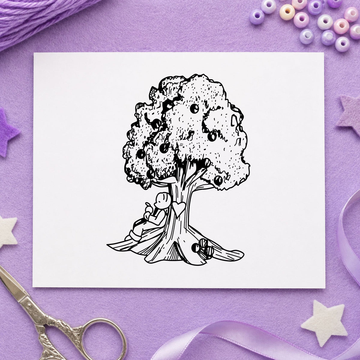Bear under Tree Art Rubber Stamp in use 2
