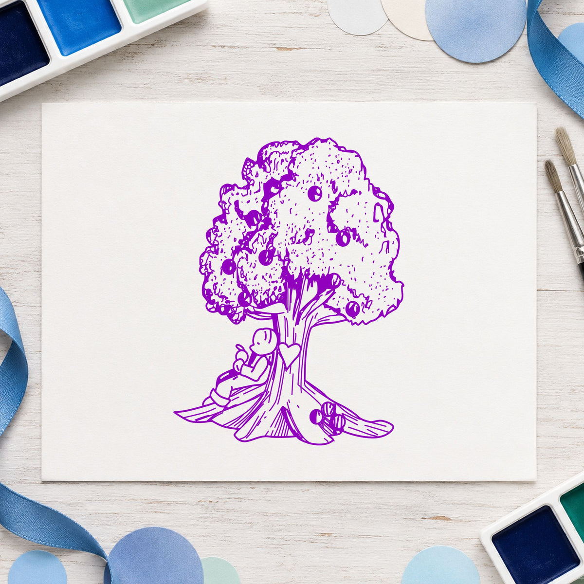 Bear under Tree Art Rubber Stamp in use 7