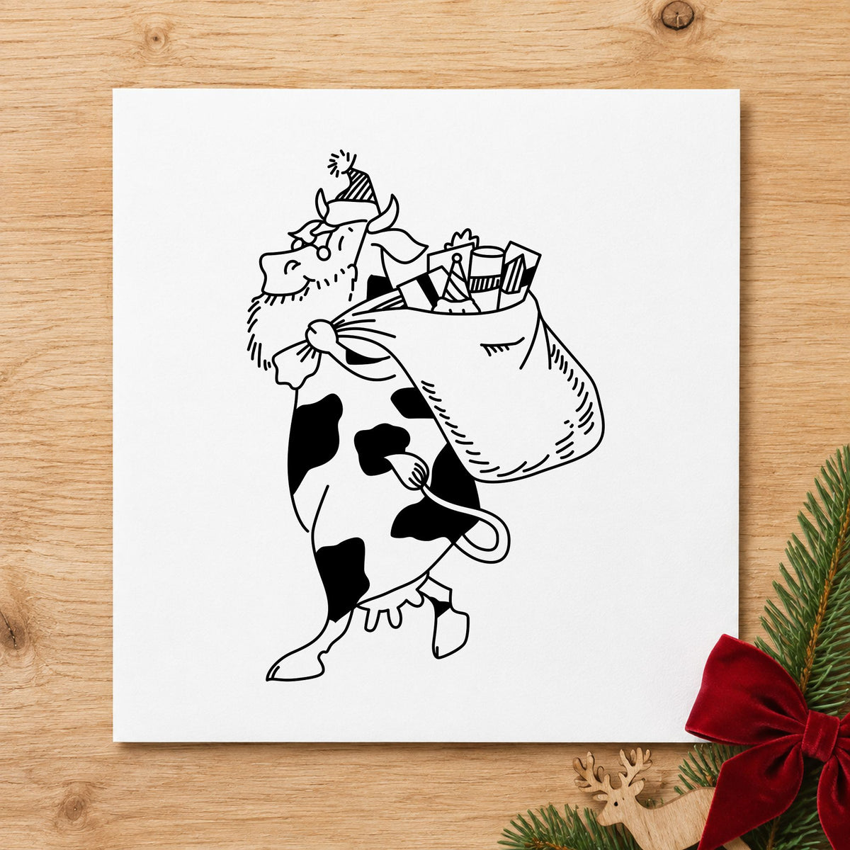 Santa Cow with Gift Sack Rubber Stamp Large impression in black ink on white paper in a styled craft setting.