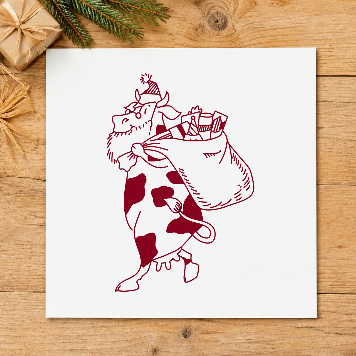 Santa Cow with Gift Sack Rubber Stamp Large impression in burgundy ink on white paper in a styled craft setting.