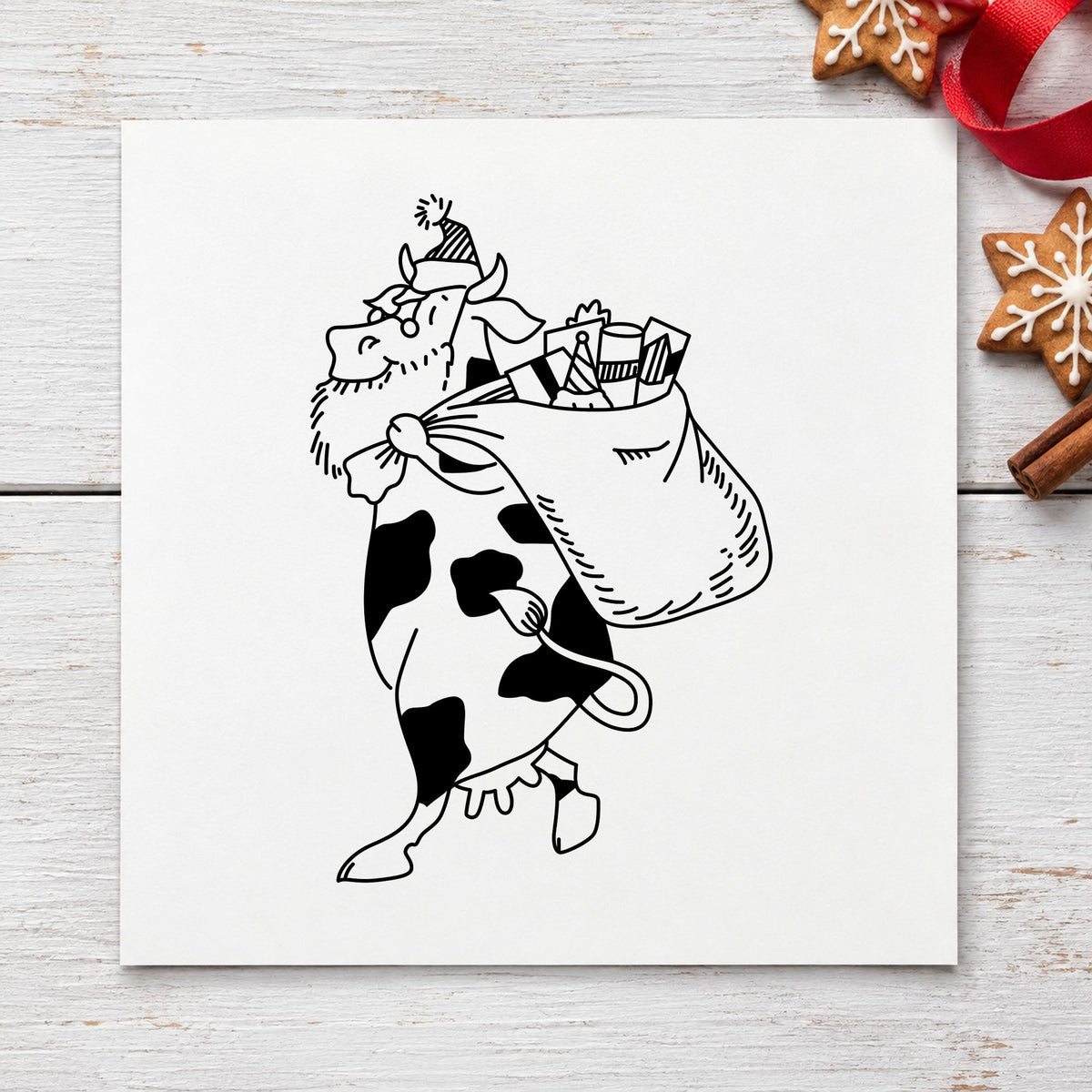 Black impression from a santa cow stamp, featuring the santa cow with gift sack large design on white paper.