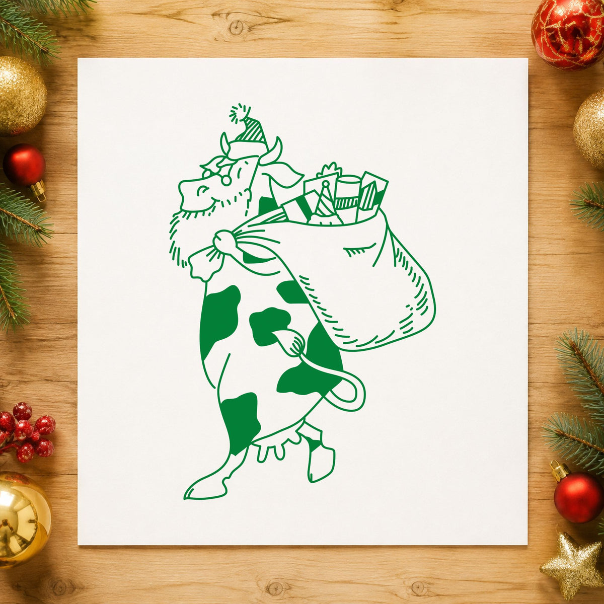 Santa Cow with Gift Sack Rubber Stamp Large impression in green ink on white paper in a styled craft setting.