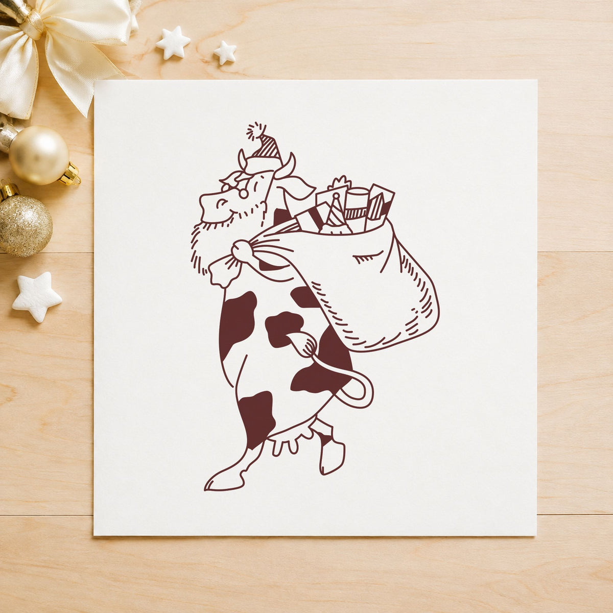 Santa Cow with Gift Sack Rubber Stamp Large impression in brown ink on white paper in a styled craft setting.