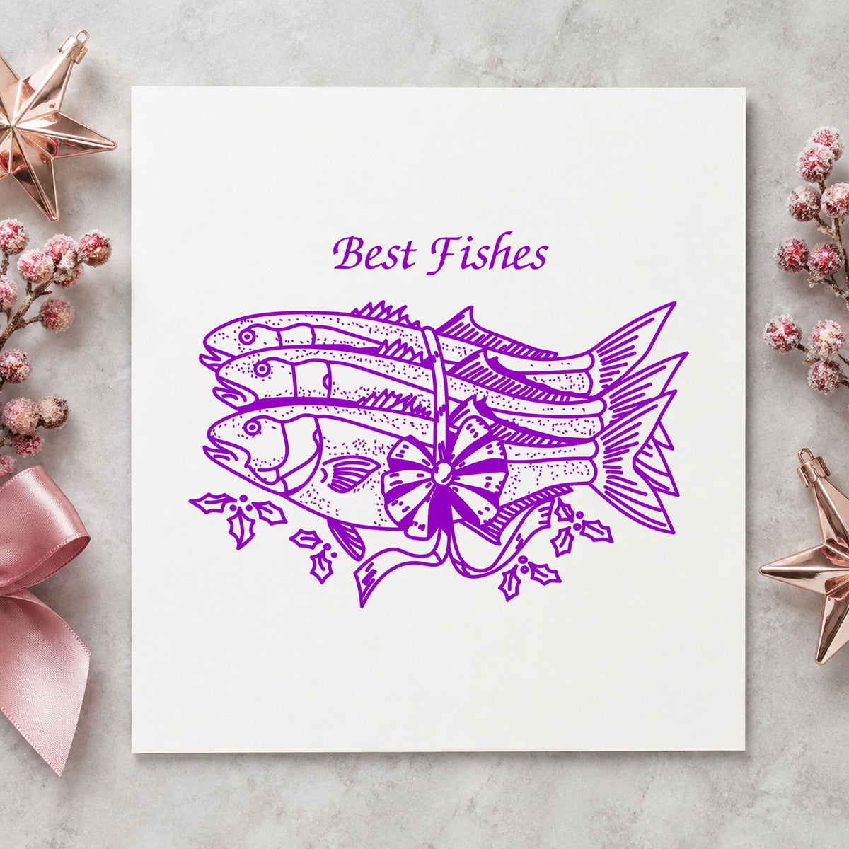 Best Fishes with Poinsettias Rubber Stamp impression in purple ink on white paper in a styled craft setting.