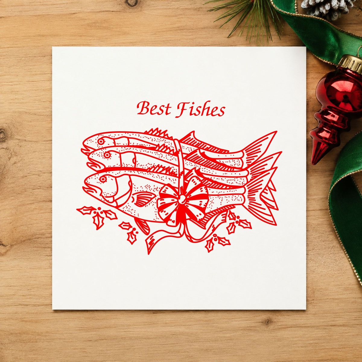 Best Fishes with Poinsettias Rubber Stamp impression in red ink on white paper in a styled craft setting.