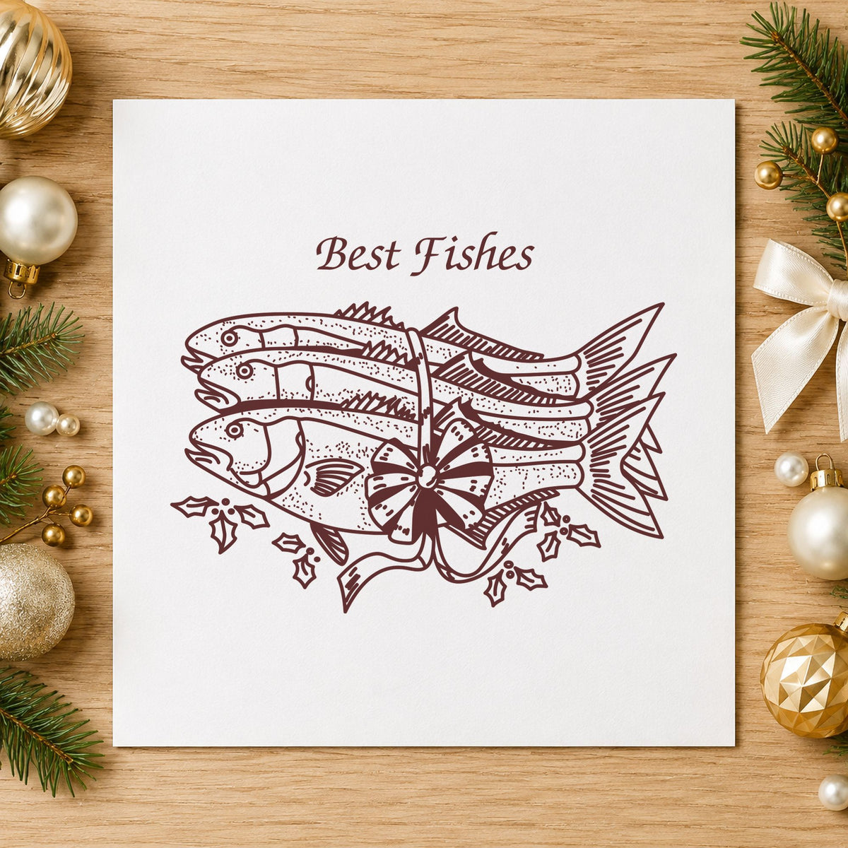 Best Fishes with Poinsettias Rubber Stamp impression in brown ink on white paper in a styled craft setting.
