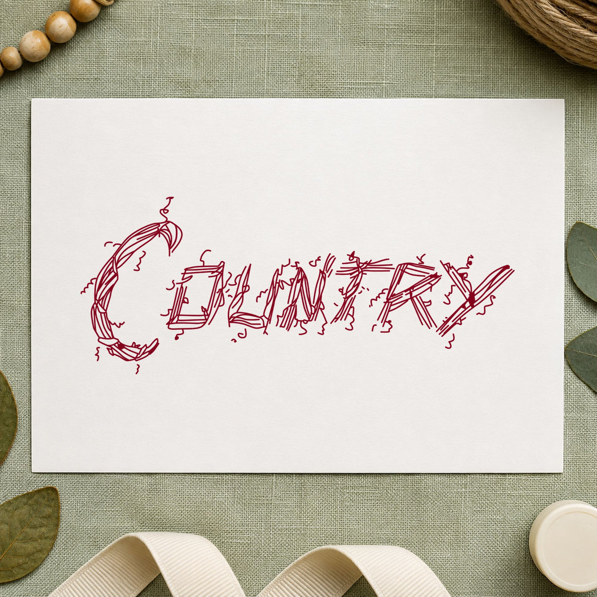 Country Lettering Rubber Stamp impression in burgundy ink on white paper in a styled craft setting.