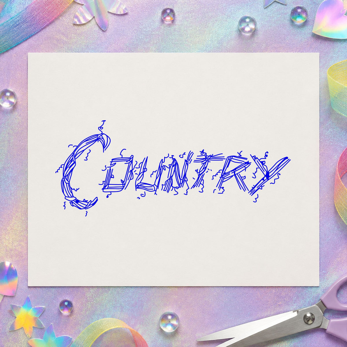 Blue country lettering stamp impression featuring the country lettering design on white paper.