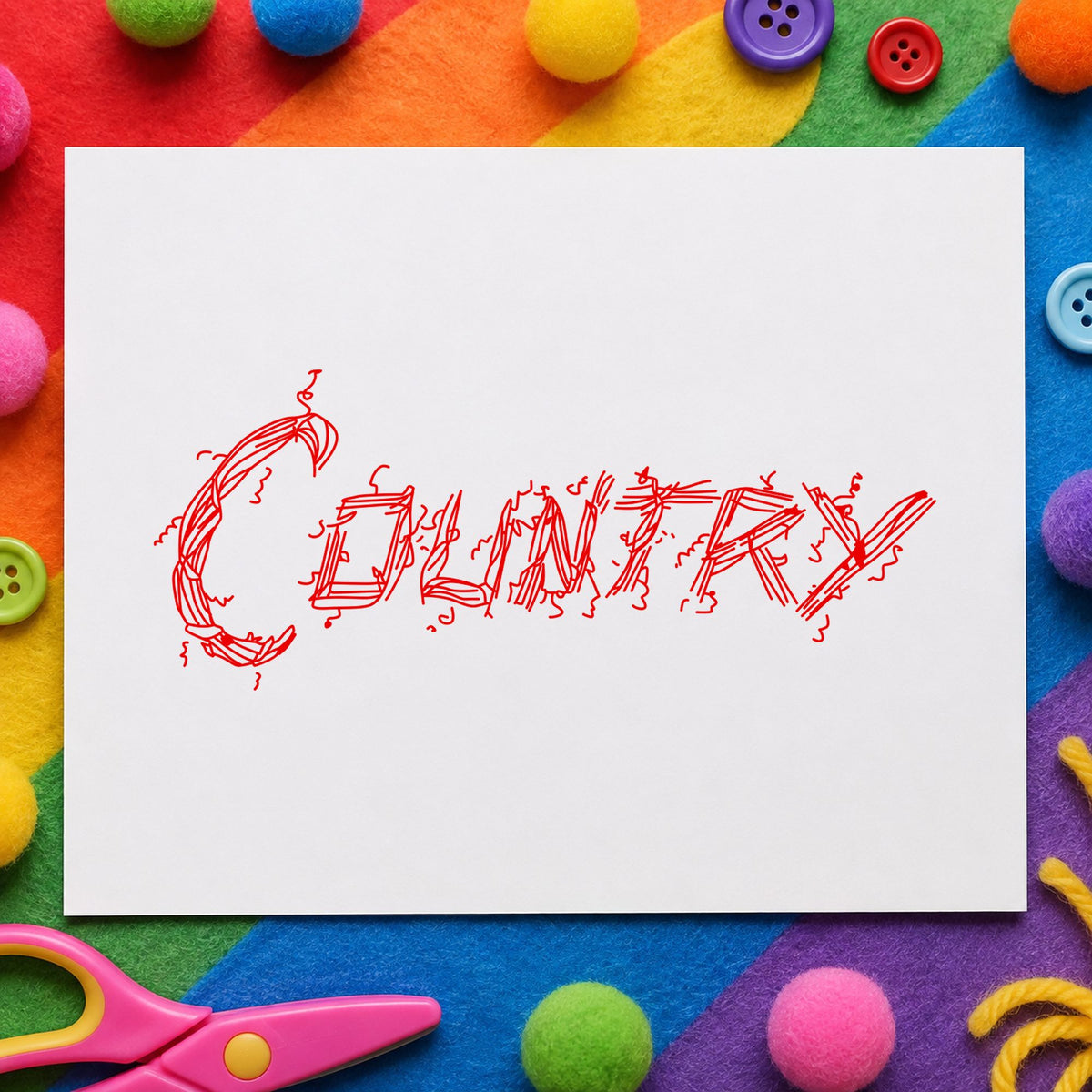 Country Lettering Rubber Stamp impression in red ink on white paper in a styled craft setting.