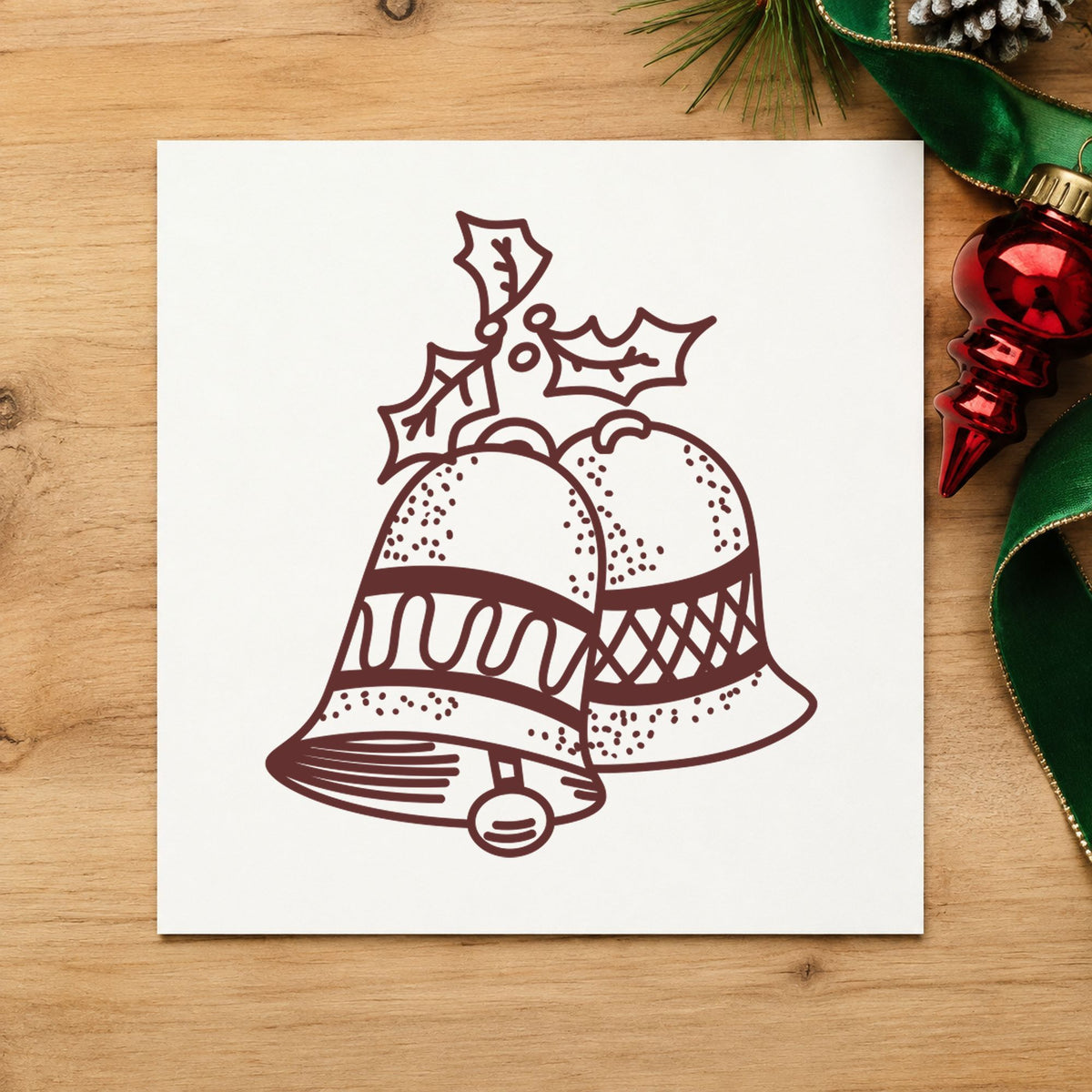 Christmas Bells with Mistletoe Rubber Stamp impression in brown ink on white paper in a styled craft setting.