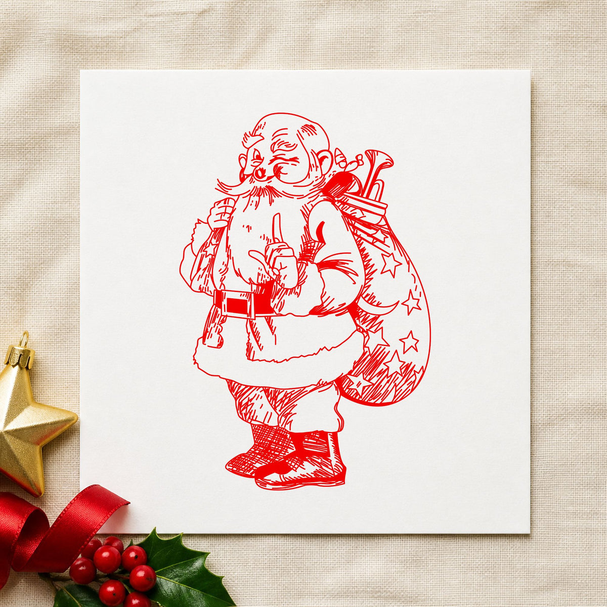 Santa with Gift Sack Rubber Stamp impression in red ink on white paper in a styled craft setting.