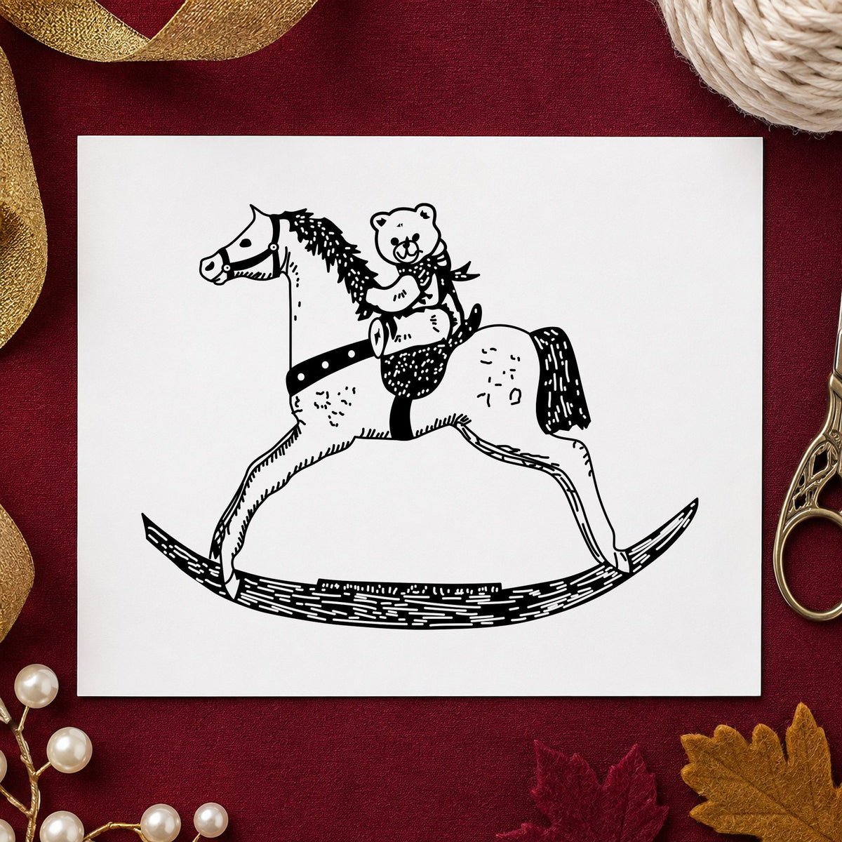 Bear on Rocking Horse Art Rubber Stamp in use 1