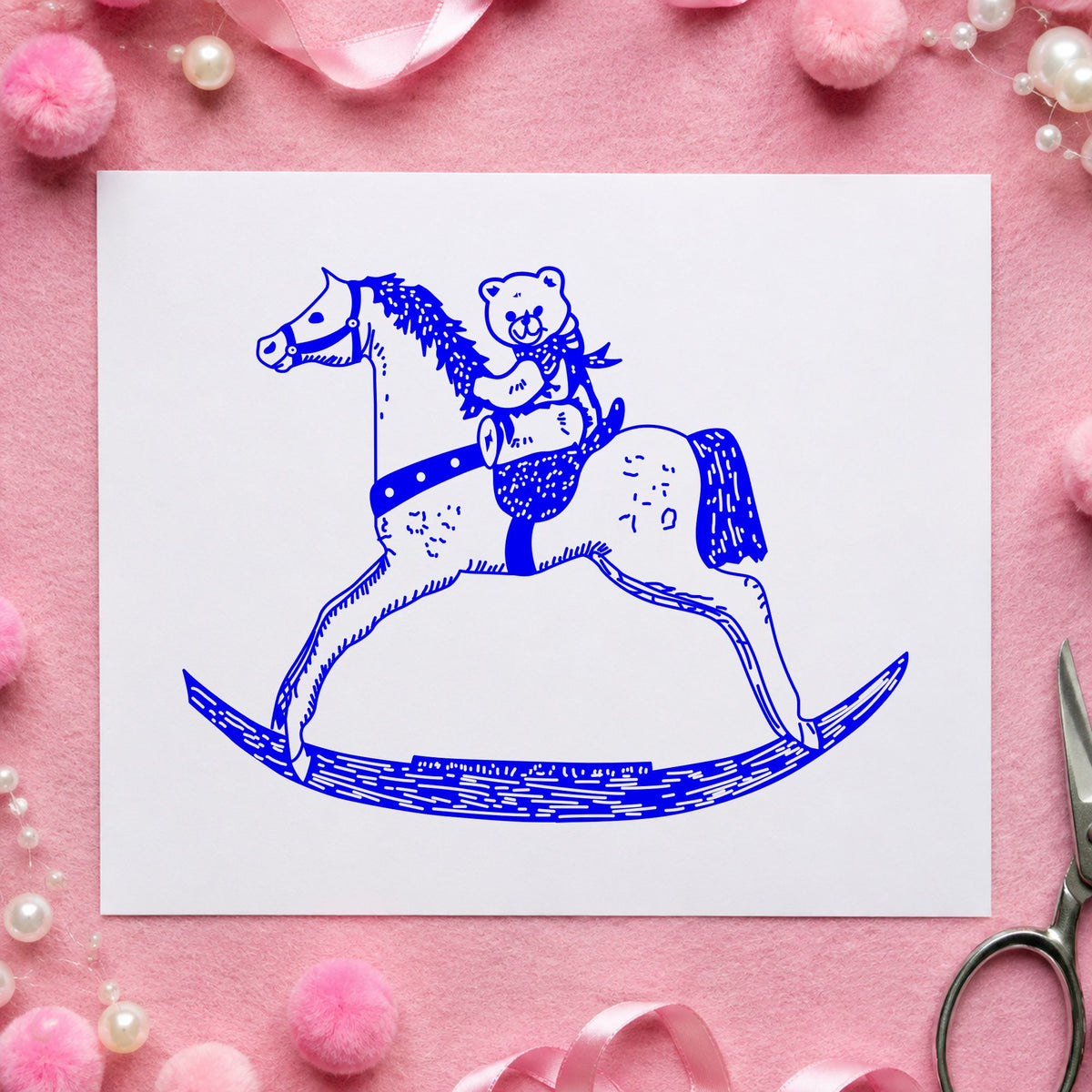 Bear on Rocking Horse Art Rubber Stamp in use 3