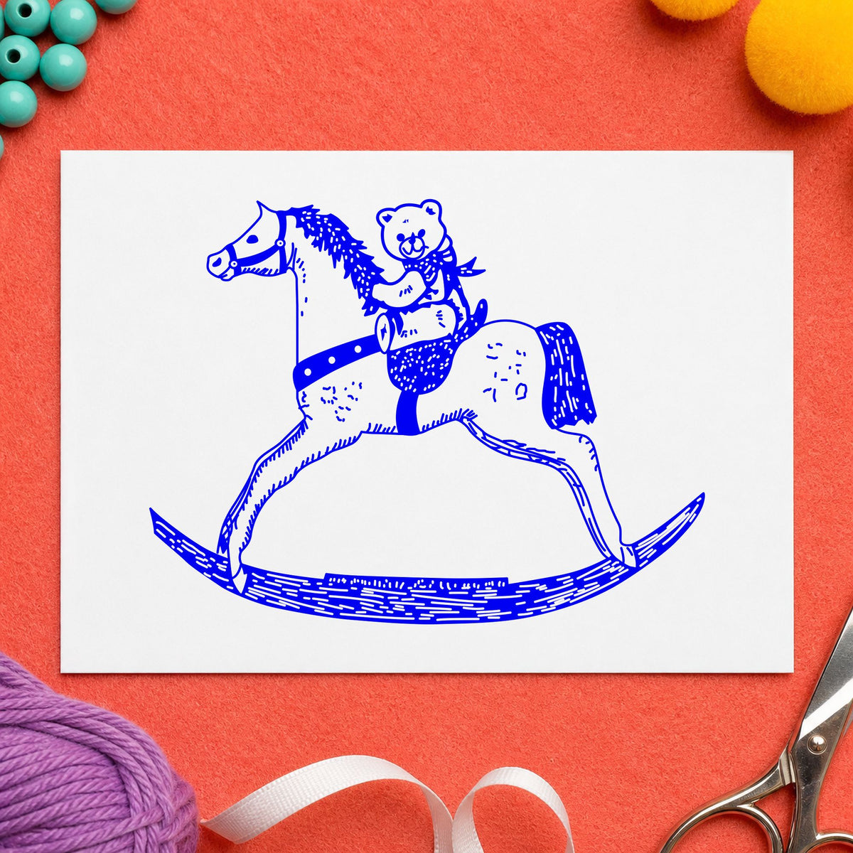 Bear on Rocking Horse Art Rubber Stamp in use 4