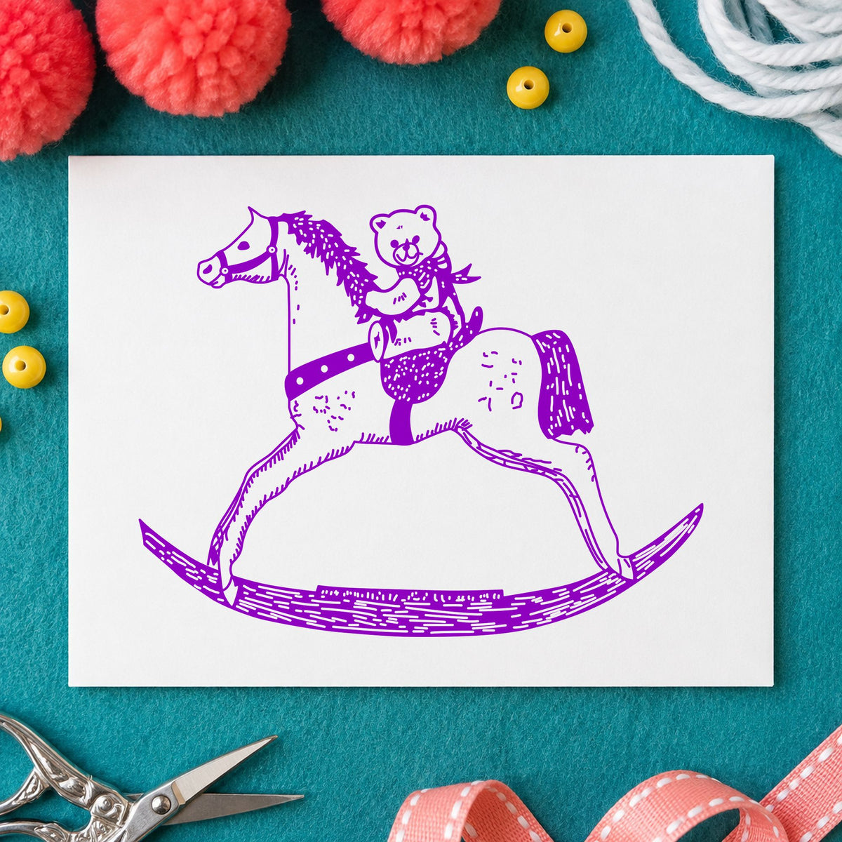 Bear on Rocking Horse Art Rubber Stamp in use 7