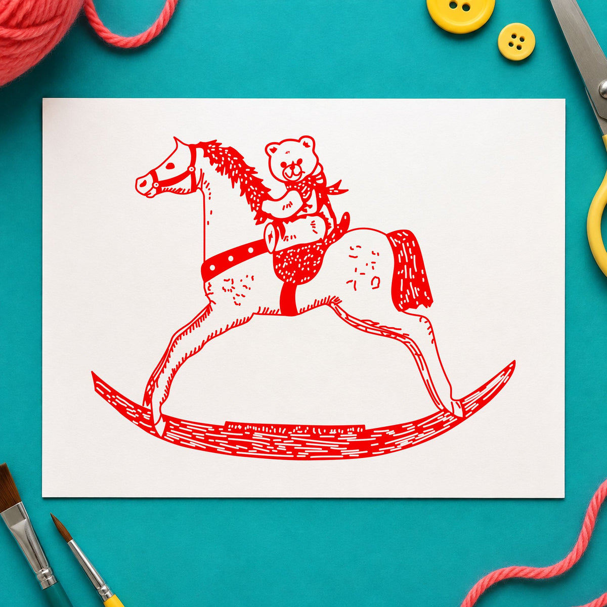 Bear on Rocking Horse Art Rubber Stamp in use 8