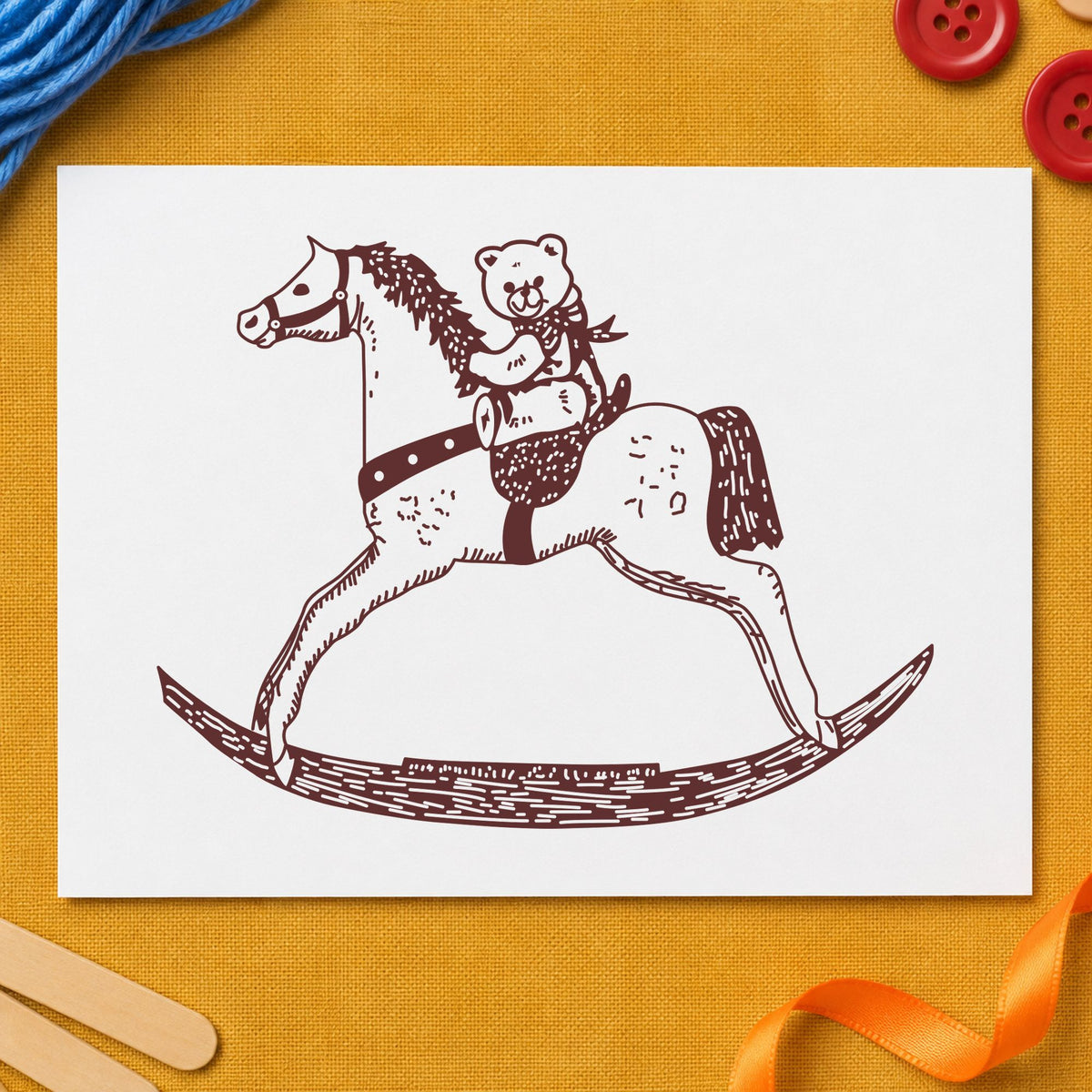 Bear on Rocking Horse Art Rubber Stamp in use 9