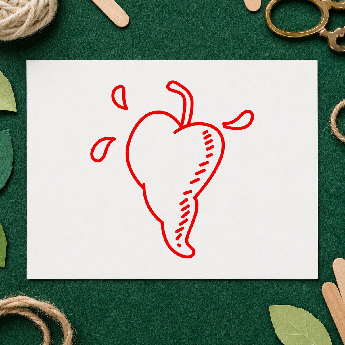 Heart-shaped Pepper Rubber Stamp impression in red ink on white paper in a styled craft setting.