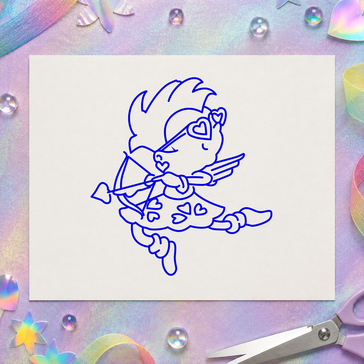 Blue romantic paper craft stamp impression featuring the cupid with heart sunglasses design on white paper.